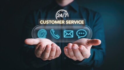 Hands holding glowing customer service icons representing 24/7 support for businesses