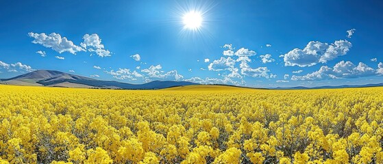Vast field of vibrant yellow flowers under a bright blue sky with fluffy clouds and distant mountains