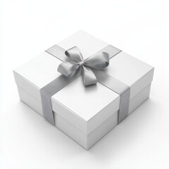 Square gift box with a silver ribbon and bow.