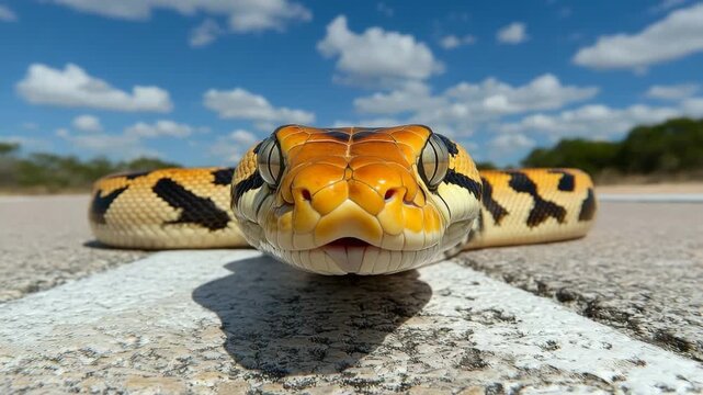 A close-up of a yellow and black patterned snake on a textured surface outdoors under a partly cloudy sky