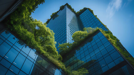 Modern architectural marvel featuring a skyscraper with lush green vertical gardens cascading down its facade