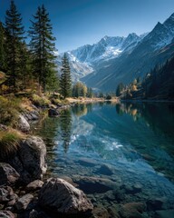Serene alpine lake reflecting snow-capped peaks