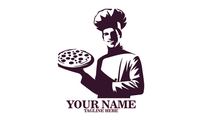 Chef holding pizza engraving icon. chef holding pizza engraving vector illustration and chef holding pizza logo design