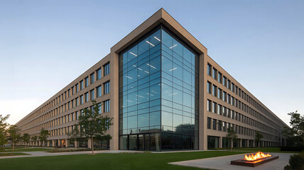 Fototapeta premium Modern architectural masterpiece with a striking glass facade and surrounding green space at dusk