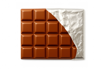 Milk chocolate bar unwrapping, silver foil peeling back to expose glossy, rich brown surface against clean white backdrop