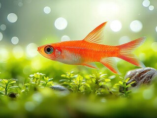 Fototapeta premium Vibrant orange fish in a lush green aquarium