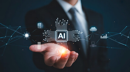 Fototapeta premium Businessman s hand touching a glowing ai chip with digital network connections and data visualizations
