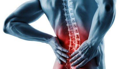 Close up of a man holding his lower back with a glowing red area highlighting spinal pain and discomfort