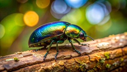 Fototapeta premium Vibrant Jewel Beetle on textured bark