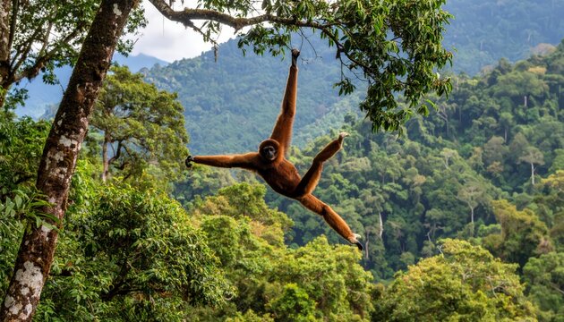 Gibbon powerfully brachiating in forest