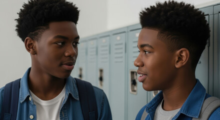 Friends talk and bond in school hallway locker area after class, sharing stories and supporting each other, relaxed teenage boys deepen friendship during casual conversation