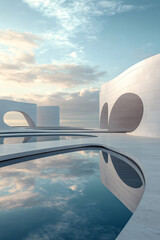 Modern architectural design featuring reflective water features under a serene sky, offering minimalist beauty and tranquility.