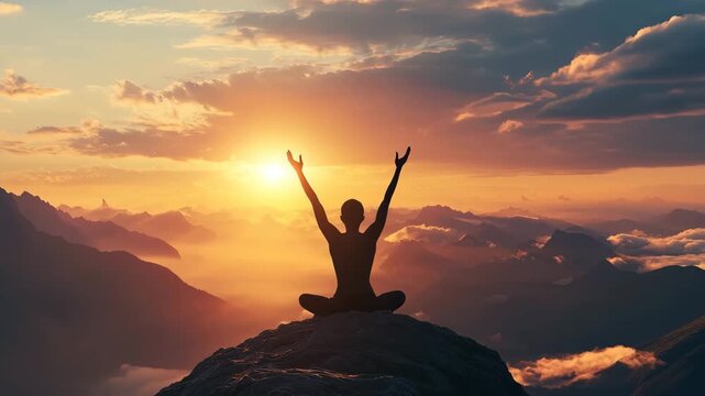 Sunrise Mountain Meditation with Gentle Motion: Cross-Legged Pose, Prayer Gesture and Dolly Camera Arc in Cinematic Natural Landscape for Mindfulness and Wellness Content