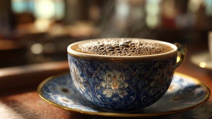 Steaming coffee in ornate cup