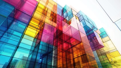 Fototapeta premium Colorful glass cubes cityscape, modern architecture, urban background, design concept