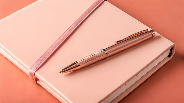 Elegant pink notebook with a matching pen, perfect for jotting down notes, ideas, and plans, creating a stylish and organized workspace