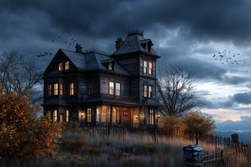 Spooky Haunted House on a Hill at Sunset with Bats Flying