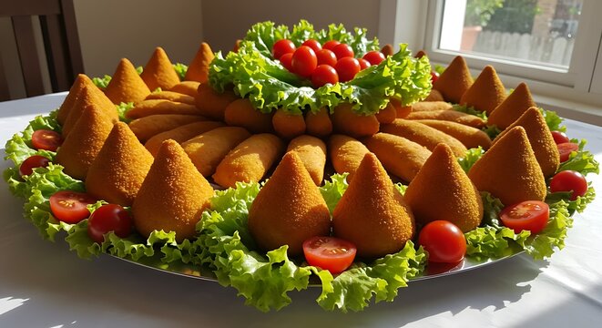 A vibrant platter of coxinhas and kibes, a taste of Brazil's culinary delights.