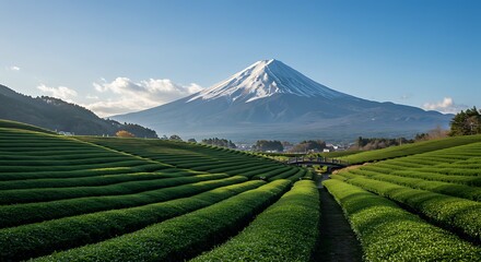 Obraz premium Stunning view of Mount Fuji and vibrant green tea fields under a clear sky in Japan.
