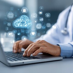 Doctor using laptop, cloud-based medical data