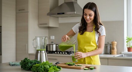 Woman pouring a healthy green smoothie in the kitchen