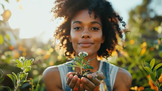 Woman Offers Flowering Plant with Peaceful Gaze: Wide-Angle Zoom Out Reveals Lush Nature in Golden Light, Symbolizing Environmental Healing and Gentle Connection with Earth