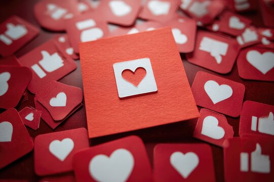 Red paper heart icon on a bright red note, surrounded by social media icons