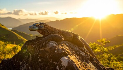 Komodo Dragon basking in golden sunset