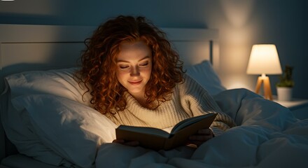 Fototapeta premium Red-Haired Woman Reading in Bed by Soft Lamp Light at Night | Cozy Bedtime Reading