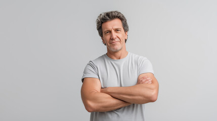 Fototapeta premium Confident Mature Man with Crossed Arms in Casual T-Shirt Against Plain Background for Professional and Lifestyle Use