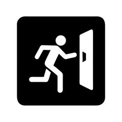 Running man and exit door icon isolated on black background