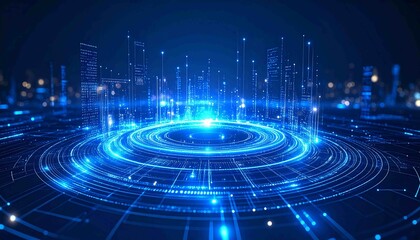 The concept of digital transformation and a dynamic smart city of the future, shows global data networks, connectivity and advanced technology.,abstract blue background