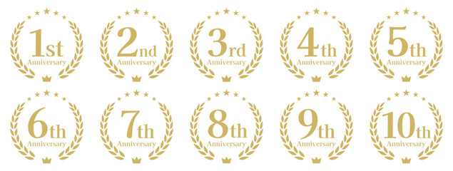 周年記念、アニバーサリーのロゴベクターイラストセット 1周年 2周年 3周年 4周年 5周年 6周年 7周年 8周年 9周年 10周年
