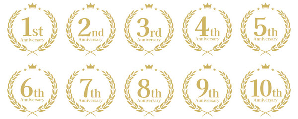 周年記念、アニバーサリーのロゴベクターイラストセット 1周年 2周年 3周年 4周年 5周年 6周年 7周年 8周年 9周年 10周年
