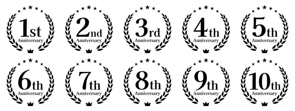 周年記念、アニバーサリーのロゴベクターイラストセット 1周年 2周年 3周年 4周年 5周年 6周年 7周年 8周年 9周年 10周年