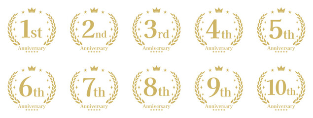 周年記念、アニバーサリーのロゴベクターイラストセット 1周年 2周年 3周年 4周年 5周年 6周年 7周年 8周年 9周年 10周年