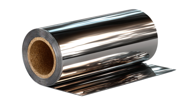 Roll of Aluminum Foil: A close-up shot of a shiny roll of aluminum foil, highlighting its reflective surface and industrial nature, perfect for various culinary and packaging applications.
