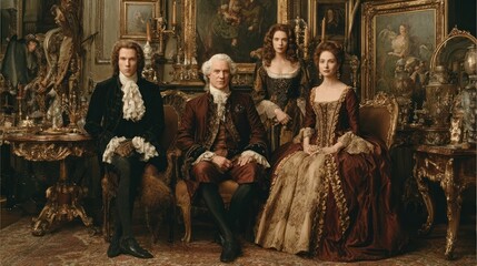 Obraz premium Aristocratic family sits formally, posing in an opulent room filled with gilded artifacts