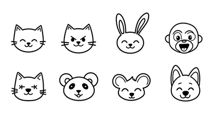 Eight minimalist black and white animal faces including cats rabbits panda monkey and dog