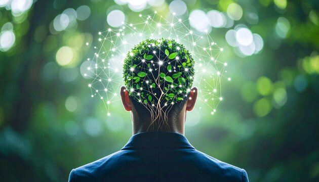The concept of innovation, sustainable thinking, and the connection between nature and technology. This image shows the back of a person's head with a tree growing from it, its roots for