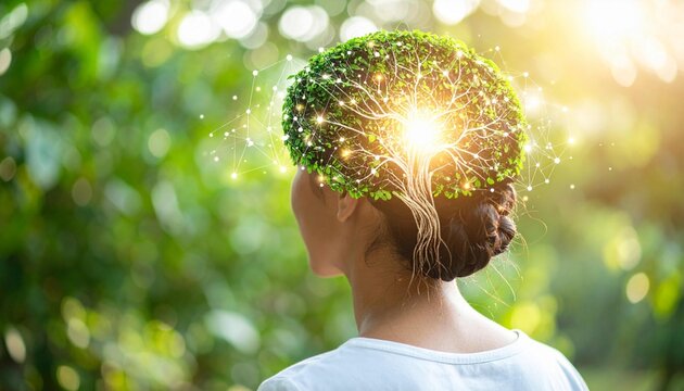 The concept of mental health, awareness, and personal growth is depicted through the silhouette of a woman's head filled with a thriving tree and connected by a network of light dots, me