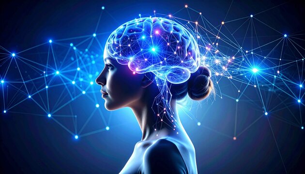 A stunning digital illustration featuring the side profile of a woman with a glowing brain and connected neural network, symbolizing artificial intelligence, thought, tec,