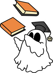 Retro Groovy  Ghost Wearing Graduation Cap with Books