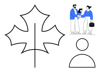 Maple leaf outline, business professionals shaking hands discussing work, user icon. Ideal for business, teamwork, networking, environment, personal identity cooperation simplicity. Clean flat