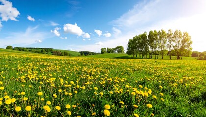 Fototapeta premium Lush meadow with dandelions under a vibrant sky