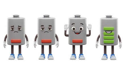 Cartoon battery characters showing energy levels