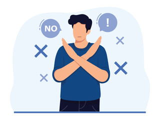 A man expressing rejection. People who make x-hand gestures, hold pickets that say no, and frown. Refuse gesture, negative expression. Vector illustration.