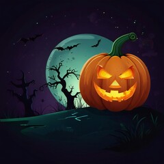 Spooky jack o lantern grins under a full moon