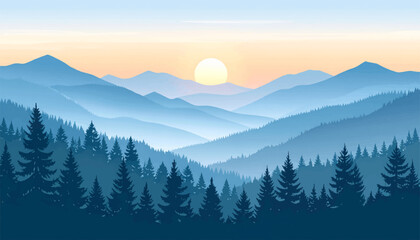 Fototapeta premium Peaceful mountain sunrise with vibrant skies. Serene forest landscape with a soft morning glow. Stunning mountain view at dawn, blue tones. Calming forest silhouette with sunrise in the distance