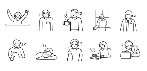 Fototapeta premium Minimalist line art illustrations of people in various daily activities and sleeping